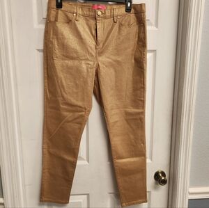 Lilly Pulitzer Eagan Shimmer Denim Skinny Jeans Gold Metallic Size 16
